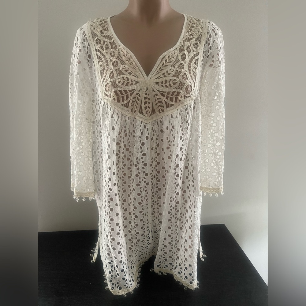 Calypso St. Barth Cream Lace Tunic with Beaded Trim